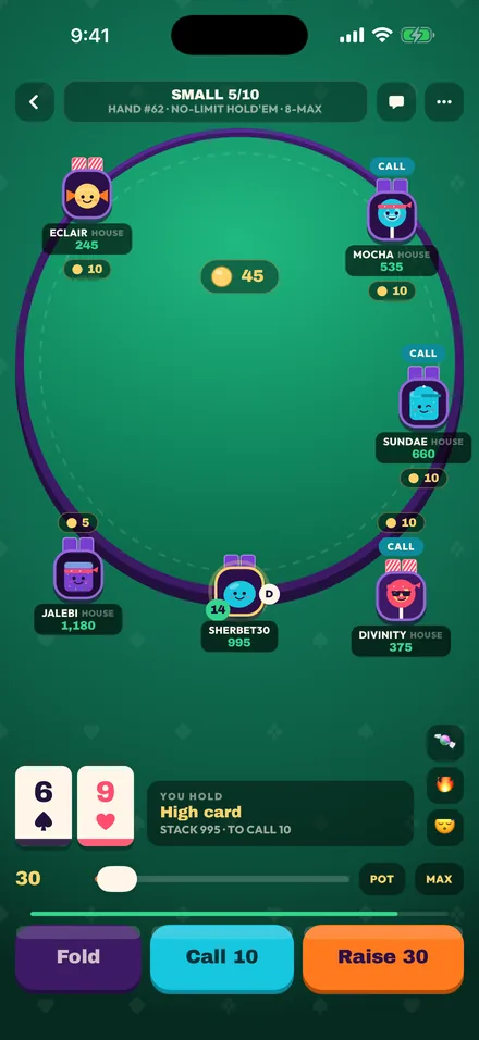 A Sugar Shove table at 5/10: six candy characters around the felt, a 45-chip pot, and Fold, Call and Raise buttons