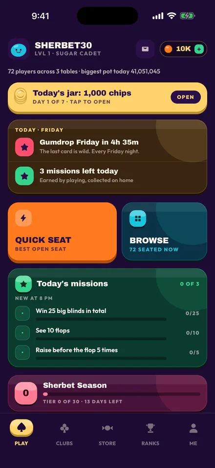 The Sugar Shove home screen: today's jar, Gumdrop Friday, three missions and the Sherbet Season track