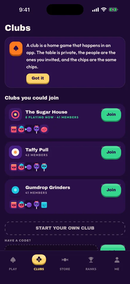 The Clubs tab: The Sugar House, Taffy Pull and Gumdrop Grinders, with members' characters and join buttons